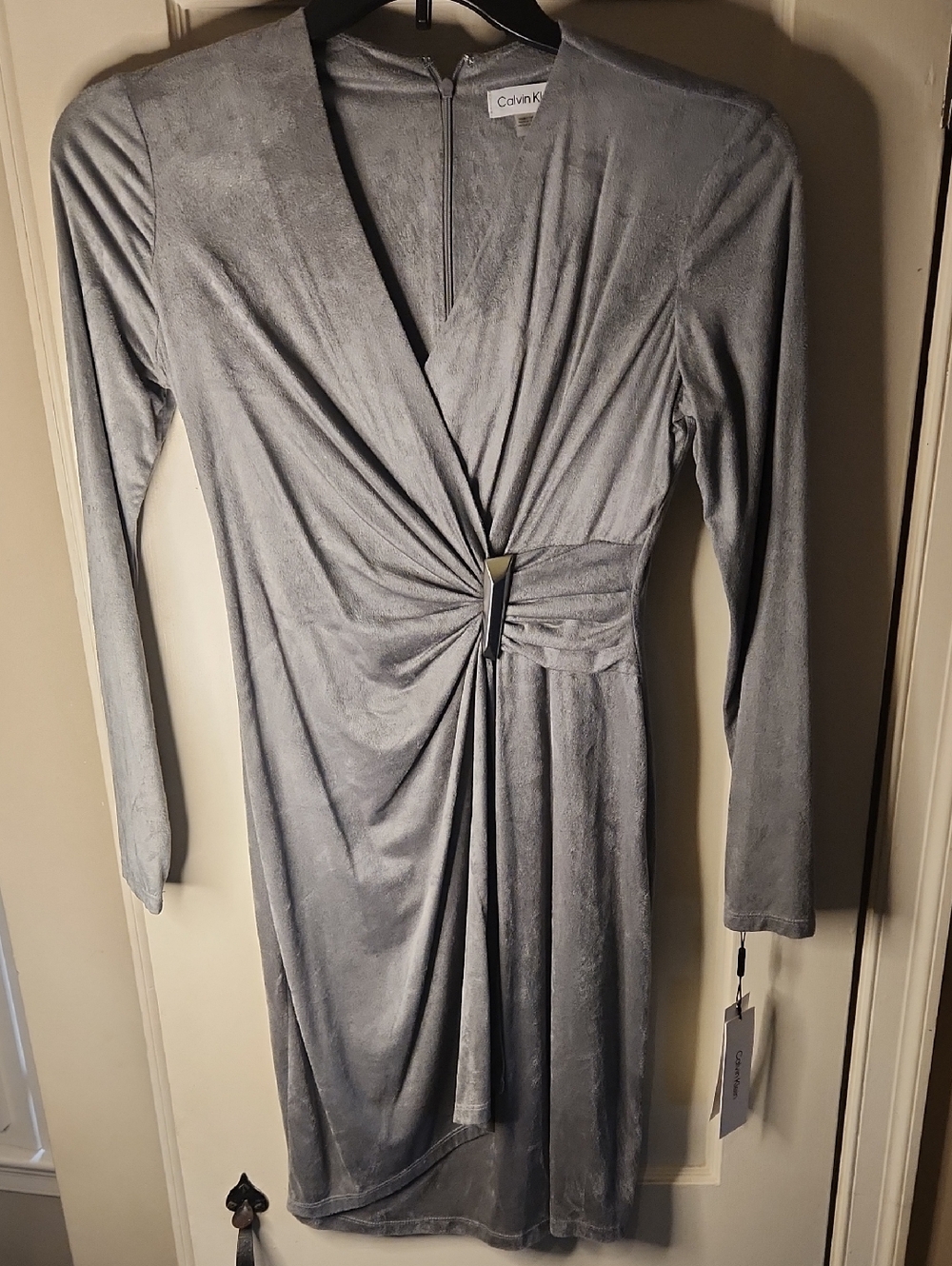 Calvin Klein Light Silver Gray Long Sleeve Twist-Front Dress